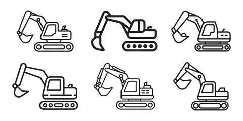 set of construction equipment excavator vector icon line art illustration on white background
