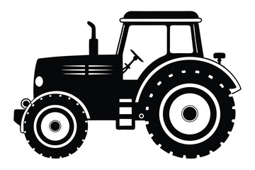 Black and White Illustration of a Tractor with a Cab and Large Tires