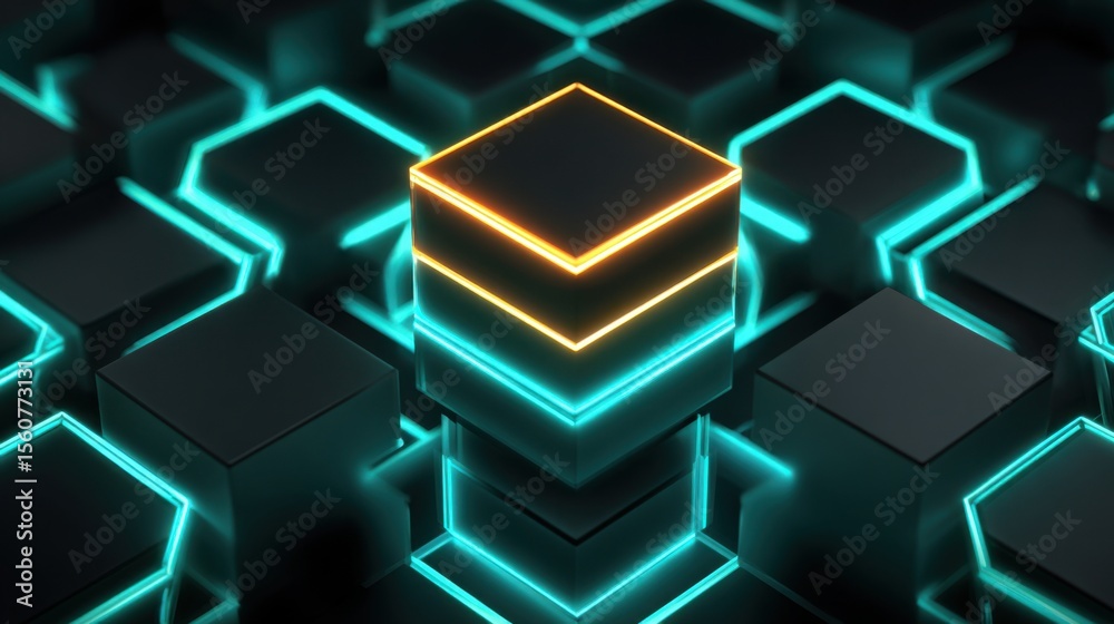 Poster glowing geometric shapes stack in a futuristic design, featuring bright lines illuminating dark bloc