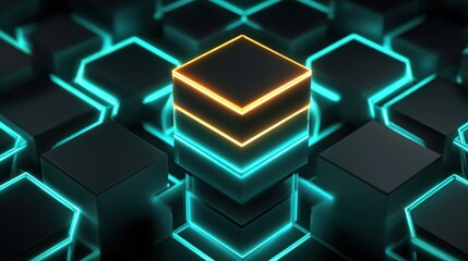 Glowing geometric shapes stack in a futuristic design, featuring bright lines illuminating dark blocks. The striking color contrast creates a captivating visual effect in a tech-inspired setting.