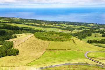 Volcanic crater Lagoa de Pau Pique, Island Sao Miguel, Azores, Portugal, Europe.