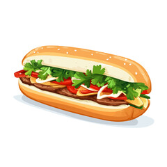 Flat 2D Banh Mi illustration, vector graphic in icon style, on white background