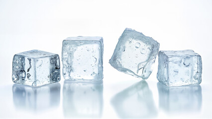 Obraz premium Blue ice cubes on a reflective isolated white background. Suitable for illustrating cold, freshness, or beverage concepts in commercial or editorial contexts.