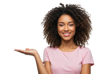 Smiling young woman with curly hair presenting something on her open palm isolated on transparent background