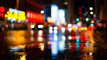Obraz premium City lights reflect on a wet street at night in an urban scene