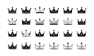 A clean and simple vector illustration design of various silhouette crown symbols, symmetrical shapes, dots, and peaks, easily editable and scalable.