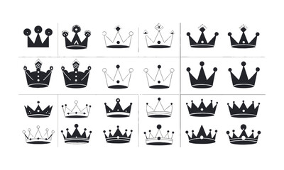 Fototapeta premium A clean and simple vector illustration design of various silhouette crown symbols, symmetrical shapes, dots, and peaks, easily editable and scalable.