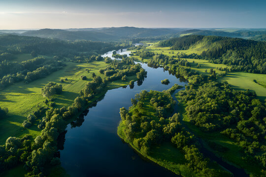 Ecology and environment concept. Green nature from above. Aerial view on river landscape. Healthy nature