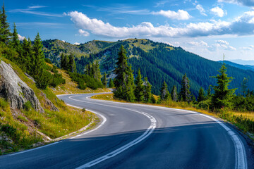 Serene mountain highway winding through lush forested landscape