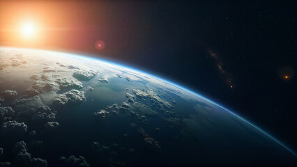 High-resolution image of Earth from space showing the planet's blue atmosphere and cloud formations. Useful for science, education, and astronomy presentations.