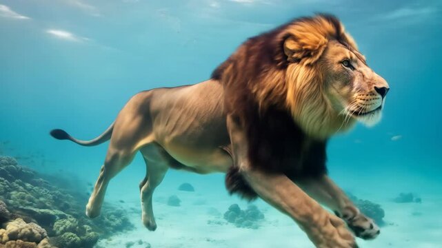Lion Walking Underwater - A majestic lion is depicted walking along the ocean floor, surrounded by vibrant coral reefs in a surreal underwater environment.