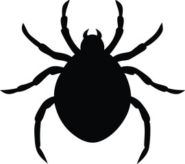 Black silhouette illustration of a tick arachnid with six legs and curved antennae on white