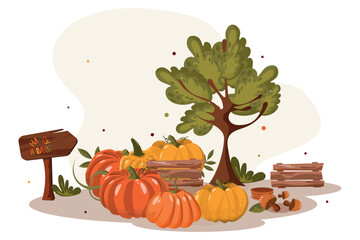 Postcard for design. Warm illustration, pumpkins, autumn, colorful leaves. Autumn seasonal postcard with a pointer and trees.