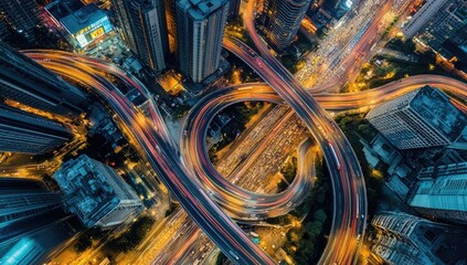 Aerial view of a complex highway interchange at night, surrounded by modern city skyscrapers. Intricate network of roads, with light trails from moving vehicles.