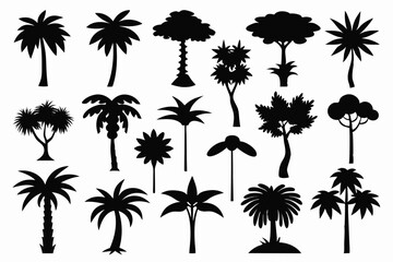 Collection of black silhouette tropical trees and plants