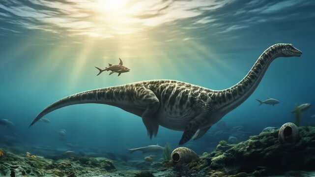 Prehistoric Marine Life Scene - This video depicts a large marine reptile, possibly a plesiosaur, gliding gracefully through a prehistoric ocean.