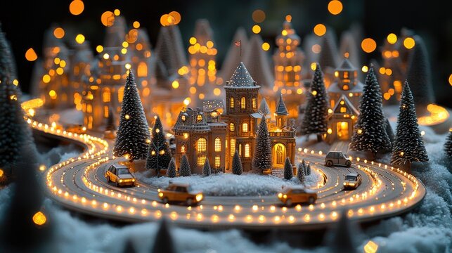 Winter wonderland diorama with illuminated miniature town.