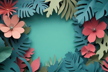Colorful paper cut tropical flowers and leaves frame a teal background