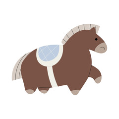 An illustration of a cute fun looking horse with a blue saddle.