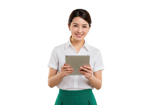 Young asian woman holding a tablet computer smiling isolated on transparent background