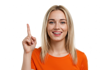 Smiling young woman pointing finger up isolated on transparent background