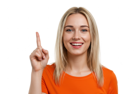 Smiling young woman pointing finger up isolated on transparent background