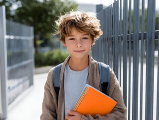 Young student holding notebook near school fence Generative AI