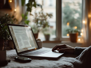 Modern workspace with laptop and plants in bright room Generative AI