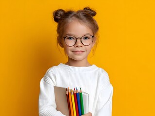 Young girl with colorful pencils against a yellow background Generative AI