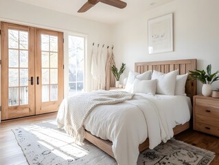 Cozy bedroom with natural light and wooden elements Generative AI