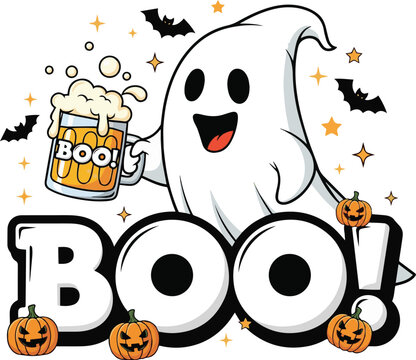 Happy ghost holding beer mug with boo text and pumpkins halloween
