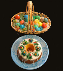 Easter Preparations - Eggs decorated and Easter cake on a black background