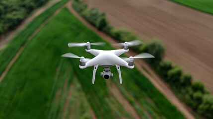 Drone flying over green farmland during daylight Generative AI