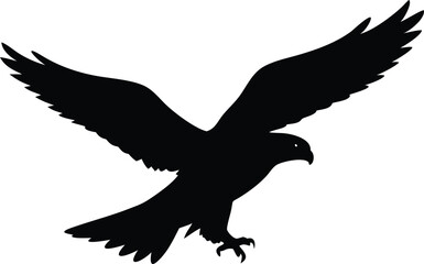Silhouette of a powerful eagle in flight with fully extended wings against white background