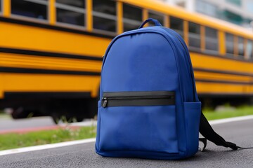 Blue backpack placed near a school bus at a roadside Generative AI