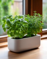 Indoor hydroponic garden with fresh herbs by window Generative AI