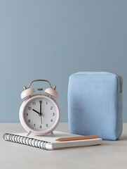 Clock, notebook, and pencil arranged on a table Generative AI