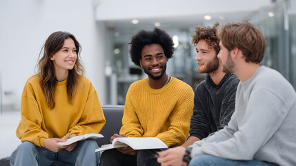 Group of students discussing projects in a modern setting Generative AI