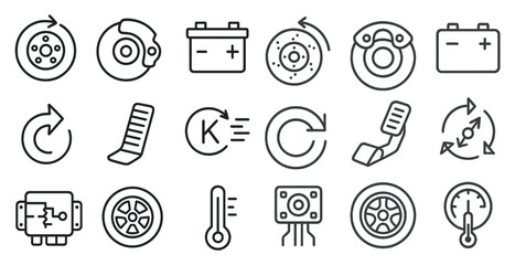 Set of icons for car maintenance and repair. The icons include a tire, a battery, a brake, a steering wheel, and a speedometer