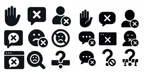 Set of black and white icons, including a hand, a face, and a question mark. The icons are all black and white, and they convey a sense of negativity or uncertainty. The hand icon is a thumbs down
