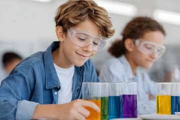 Children conducting colorful science experiment in classroom Generative AI