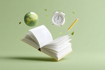 Floating book, globe, clock, and pencil on green background Generative AI