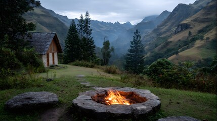 Mountain landscape with a campfire at dusk Generative AI