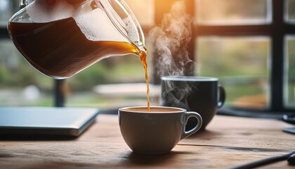 Warm Cup of Coffee Poured Next to Gray Laptop on Table, Enhancing Productivity and Comfort at Home