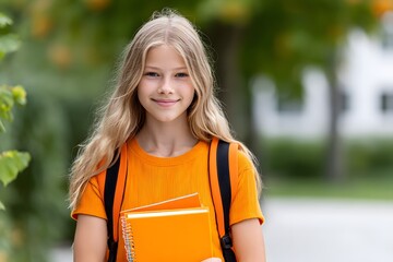 Young student with notebooks walking in a green park Generative AI