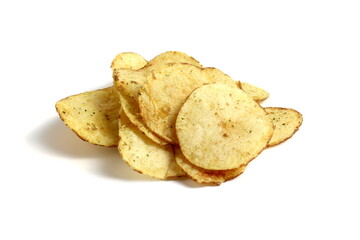 Potato chips are stacked on top of each other on a white background.