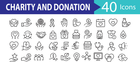 Charity & Donation Line Style Web Icons -Volunteering, Help, Care, Solidarity, Alms, Donate, Support & More | Editable Stroke