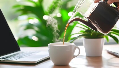 Morning Brew at the Home Office A Cozy Workspace with Coffee for Enhanced Productivity and Comfort