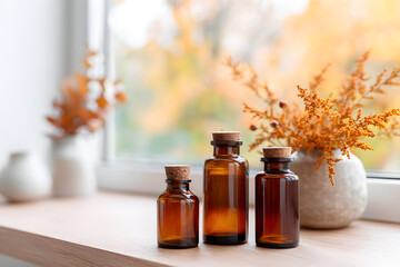 Bottles of natural remedies on a windowsill during autumn Generative AI