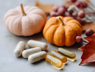 Supplements and pumpkins arranged for boosting immunity Generative AI